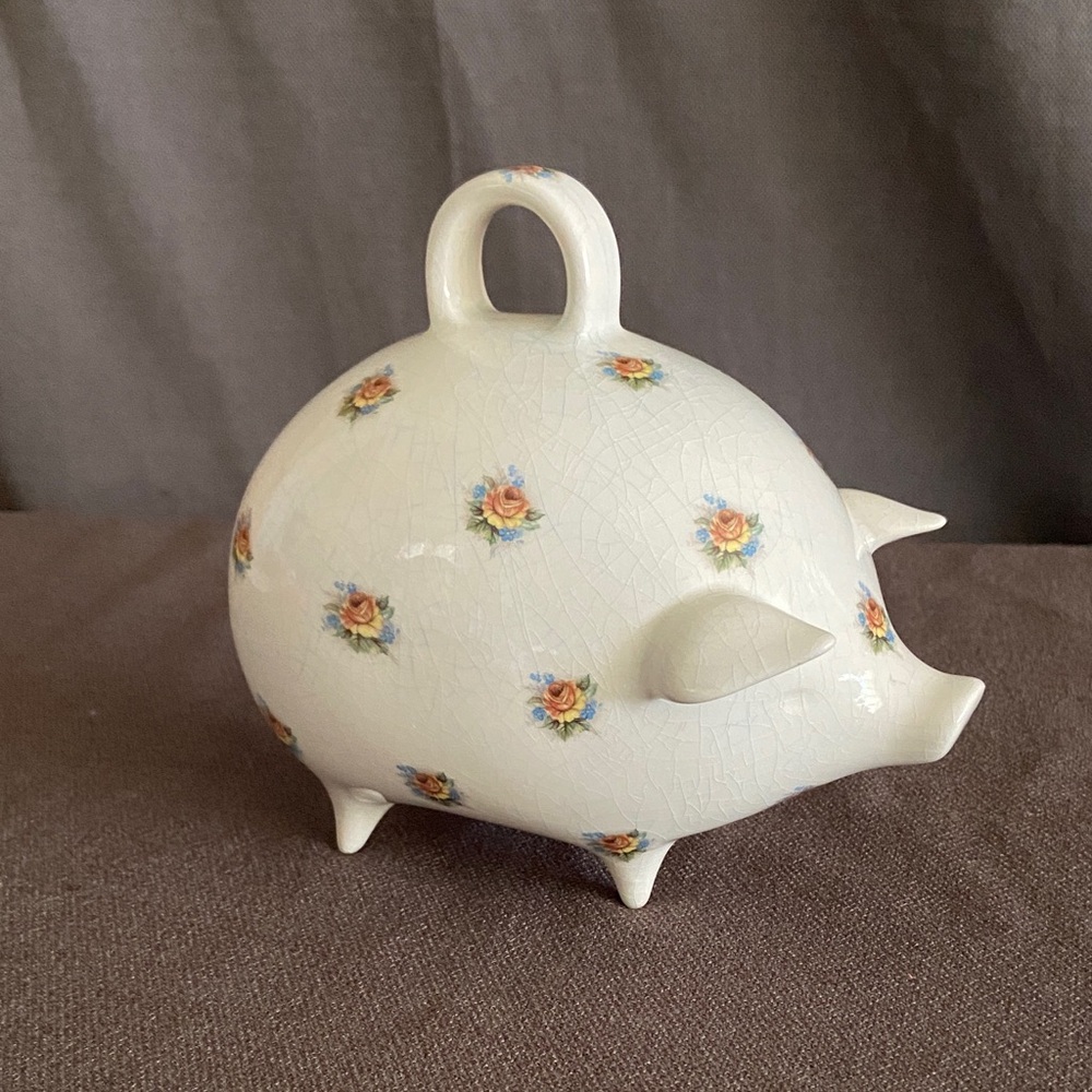 Vintage Cream Ceramic Pig Bank with Floral Rose Pattern 1988